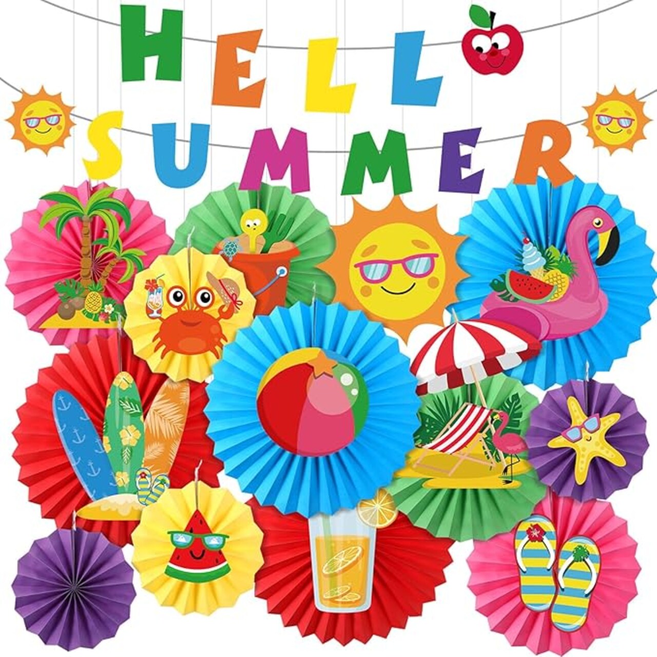 Summer Party Decorations – “Hello Summer” Banner Set with Hawaiian Watermelon, Flamingo, and Hanging Paper Fans for Pool, Birthday, Beach, Home, or Office Parties